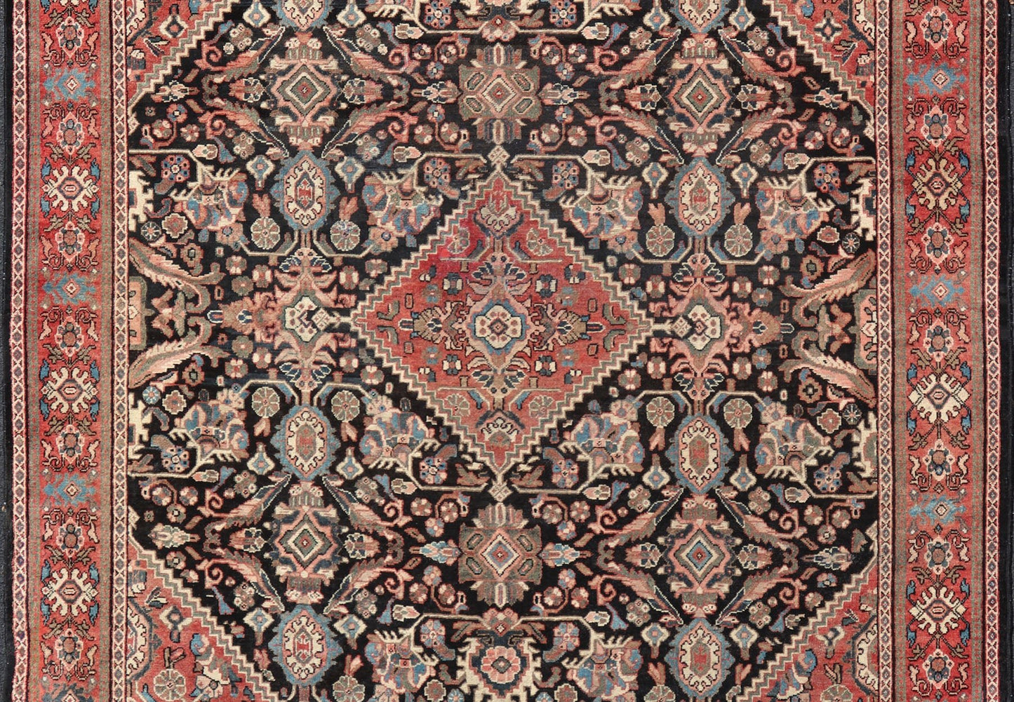 Large Antique Hand Knotted Persian Mahal Rug With Florals and Geometric Medallion Design Large Antique Persian Mahal rug with diamond medallion, sub floral design in the background and the border. Colors are dark gray brown background and soft r... - Keivan Woven ArtsPTA - 200716 - 17304Rug