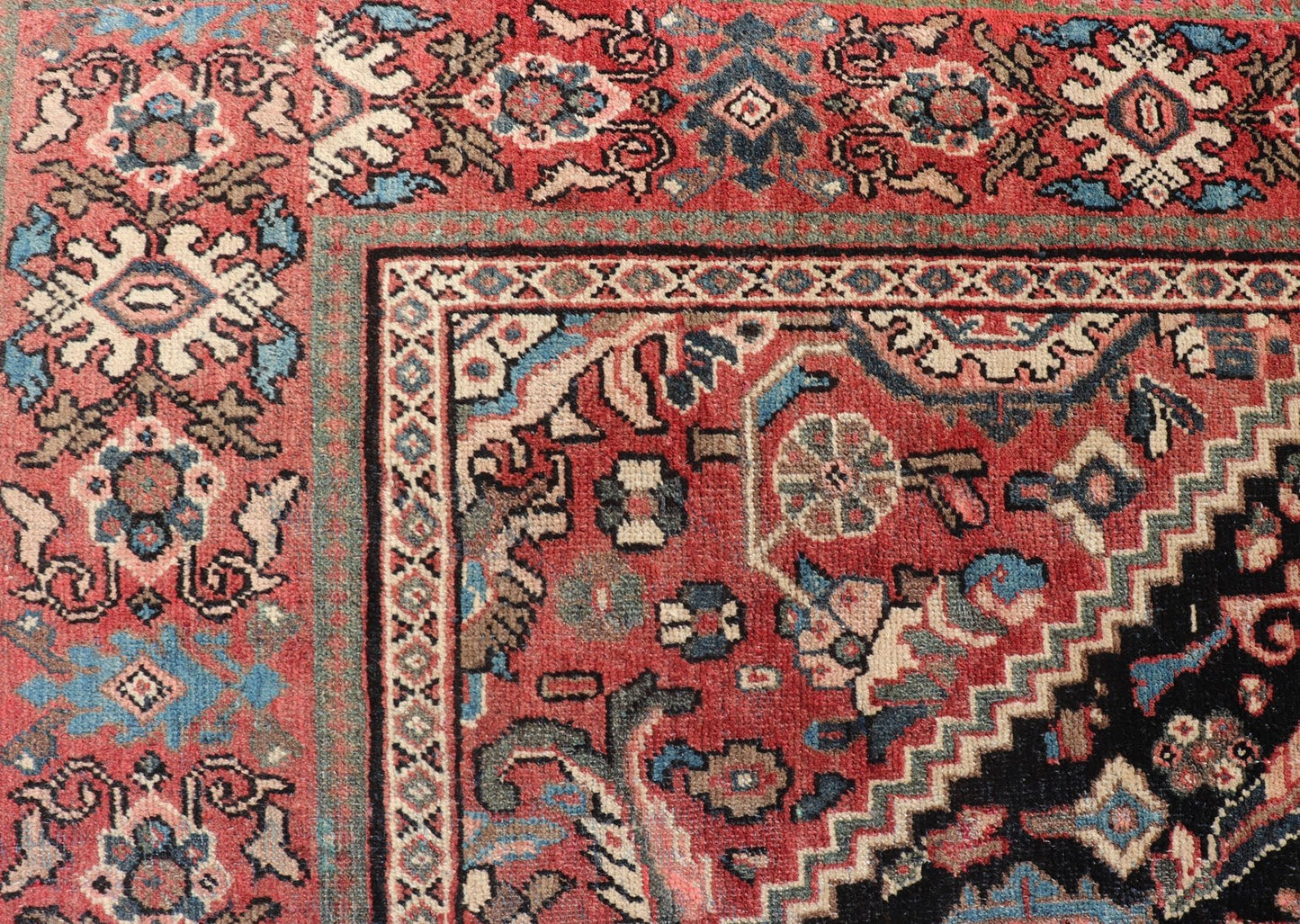 Large Antique Hand Knotted Persian Mahal Rug With Florals and Geometric Medallion Design Large Antique Persian Mahal rug with diamond medallion, sub floral design in the background and the border. Colors are dark gray brown background and soft r... - Keivan Woven ArtsPTA - 200716 - 17304Rug