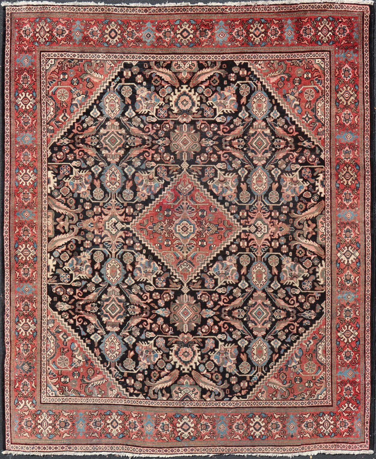 Large Antique Hand Knotted Persian Mahal Rug With Florals and Geometric Medallion Design Large Antique Persian Mahal rug with diamond medallion, sub floral design in the background and the border. Colors are dark gray brown background and soft r... - Keivan Woven ArtsPTA - 200716 - 17304