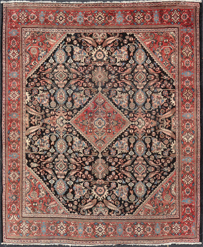 Large Antique Hand Knotted Persian Mahal Rug With Florals and Geometric Medallion Design Large Antique Persian Mahal rug with diamond medallion, sub floral design in the background and the border. Colors are dark gray brown background and soft r... - Keivan Woven ArtsPTA - 200716 - 17304