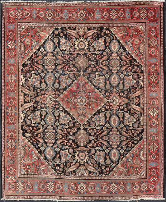 Large Antique Hand Knotted Persian Mahal Rug With Florals and Geometric Medallion Design Large Antique Persian Mahal rug with diamond medallion, sub floral design in the background and the border. Colors are dark gray brown background and soft r... - Keivan Woven ArtsPTA - 200716 - 17304