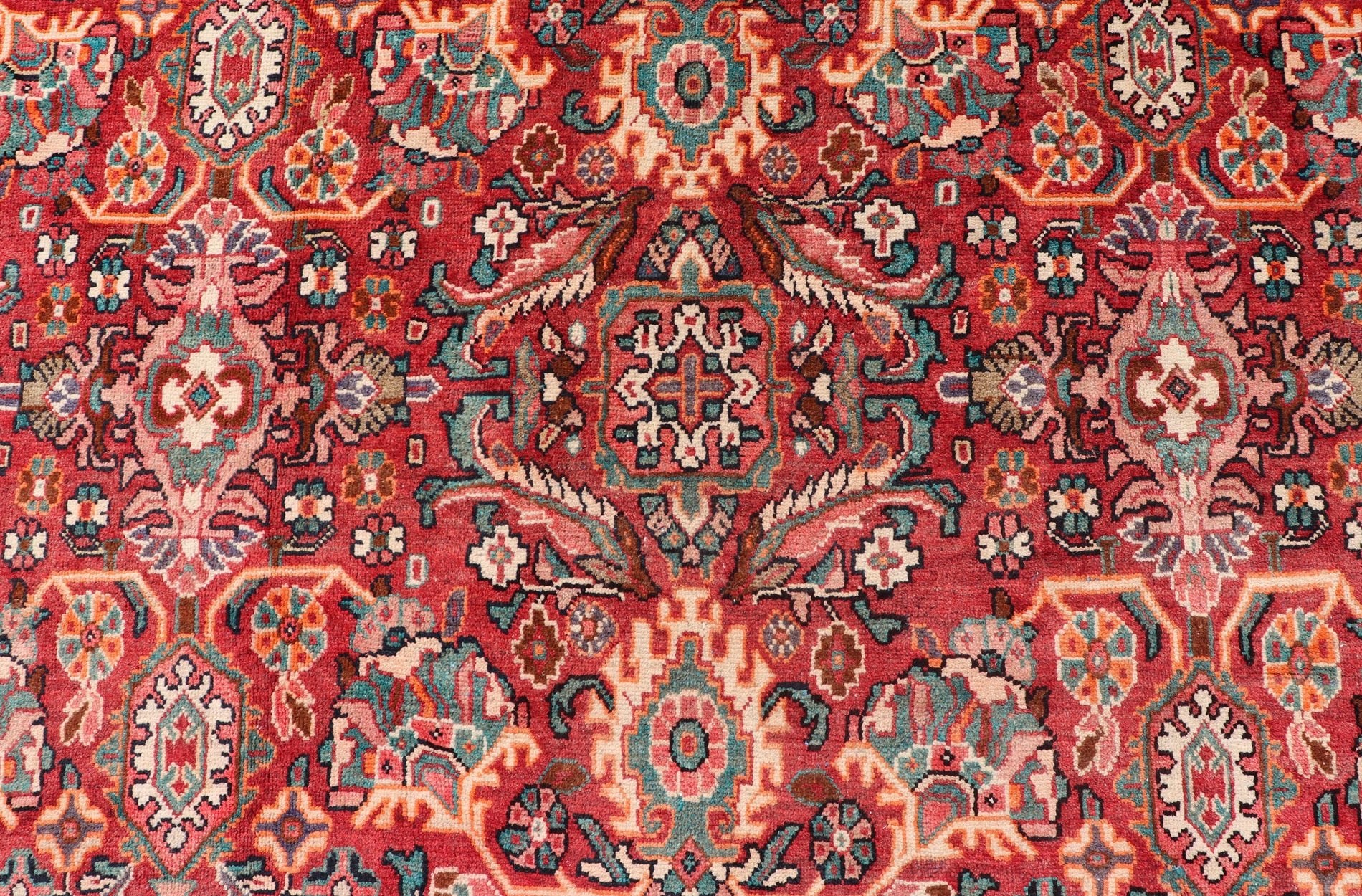 Antique Persian Mahal - Sultanabad Rug with Sub - Geometric Design in Multicolor This Antique Persian Mahal/Sultanabad rug features a symmetrical all - over sub - geometric floral design set upon a red background and is enclosed within a complementary... - Keivan Woven ArtsPTA - 200718 - 16648