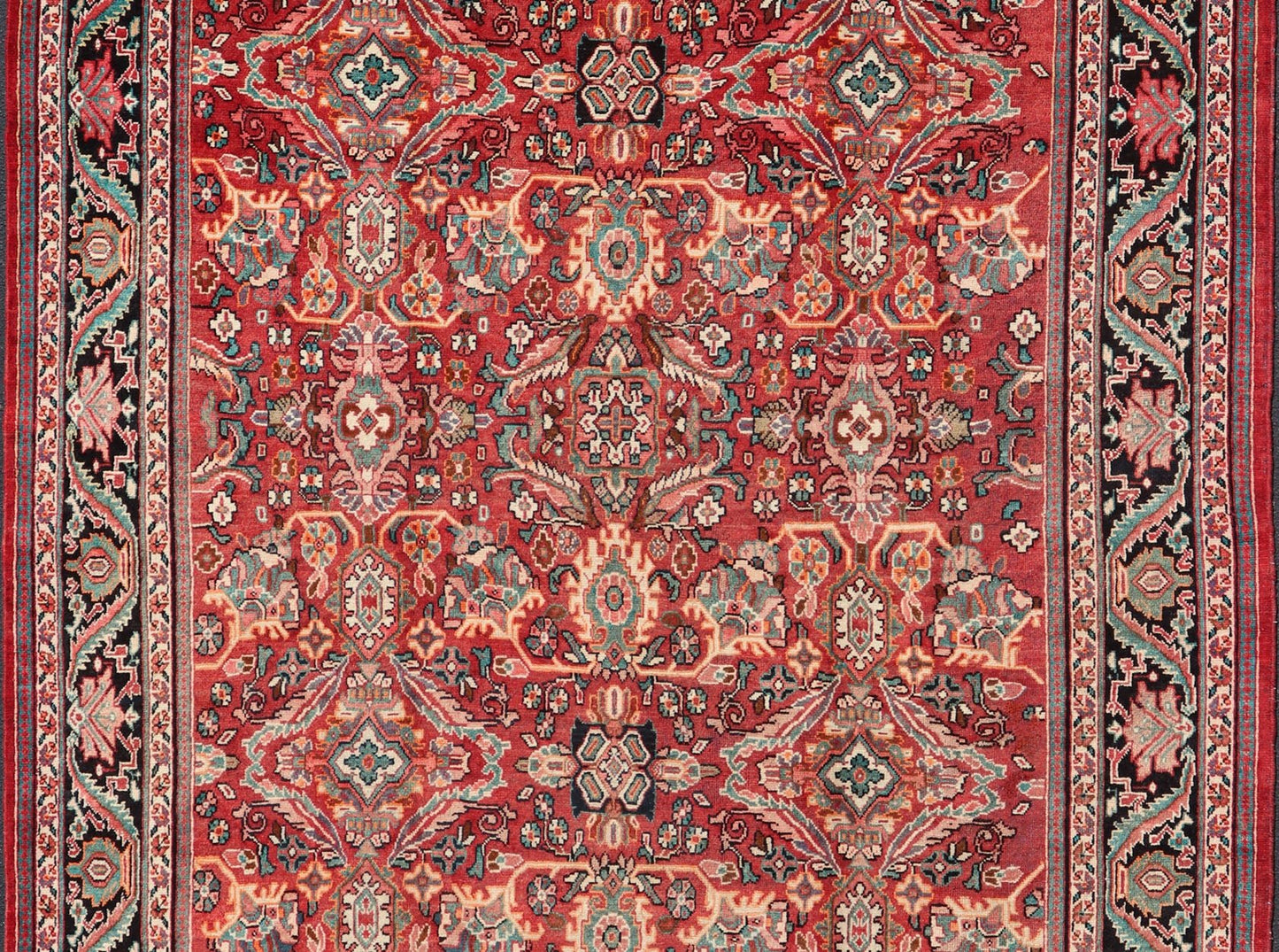 Antique Persian Mahal - Sultanabad Rug with Sub - Geometric Design in Multicolor This Antique Persian Mahal/Sultanabad rug features a symmetrical all - over sub - geometric floral design set upon a red background and is enclosed within a complementary... - Keivan Woven ArtsPTA - 200718 - 16648Rug