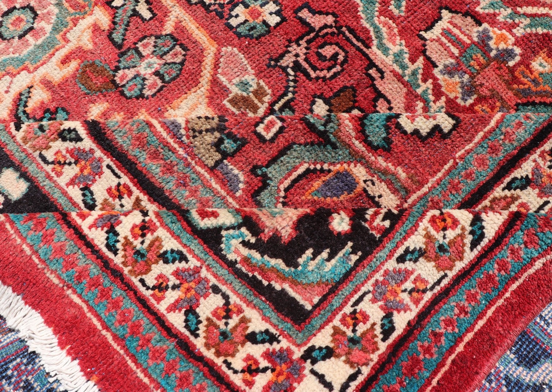 Antique Persian Mahal - Sultanabad Rug with Sub - Geometric Design in Multicolor This Antique Persian Mahal/Sultanabad rug features a symmetrical all - over sub - geometric floral design set upon a red background and is enclosed within a complementary... - Keivan Woven ArtsPTA - 200718 - 16648Rug