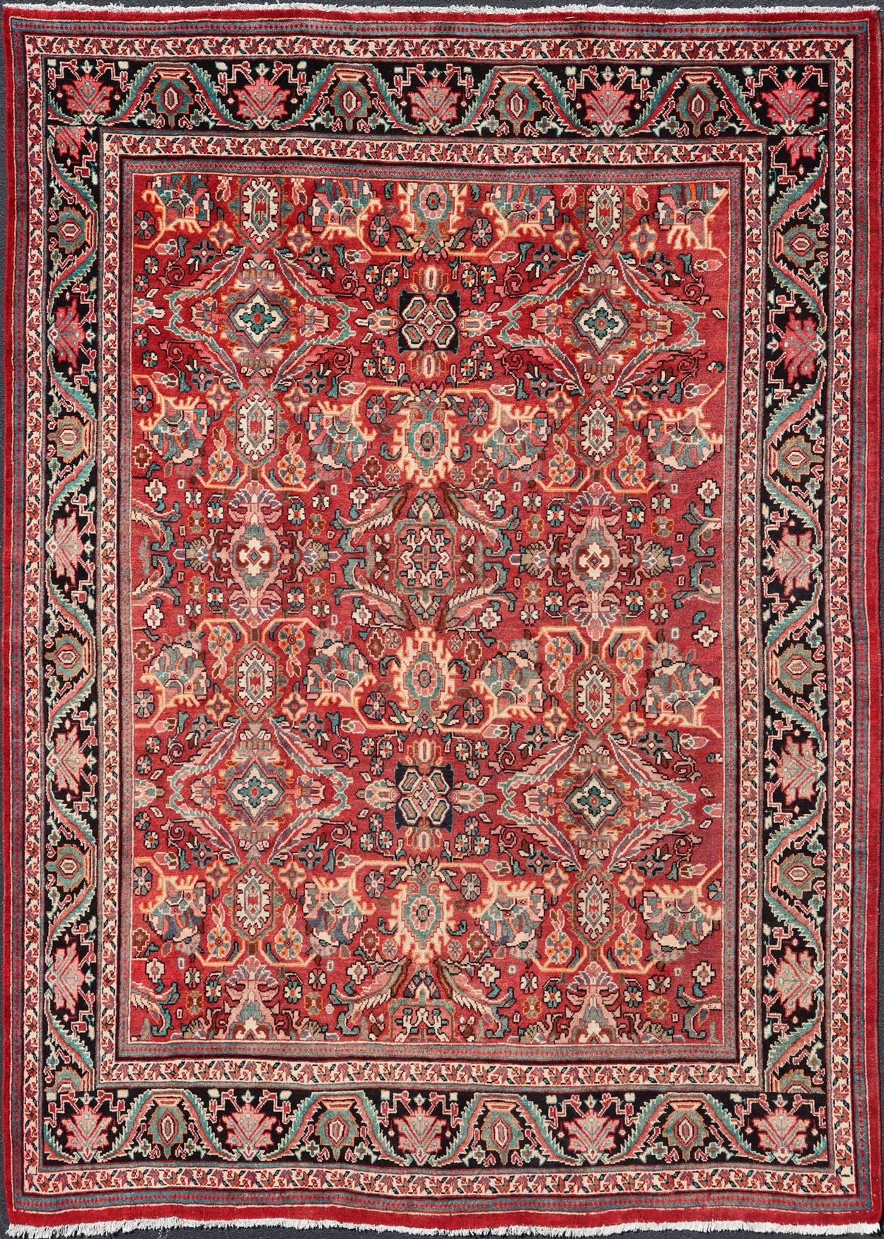 Antique Persian Mahal - Sultanabad Rug with Sub - Geometric Design in Multicolor This Antique Persian Mahal/Sultanabad rug features a symmetrical all - over sub - geometric floral design set upon a red background and is enclosed within a complementary... - Keivan Woven ArtsPTA - 200718 - 16648