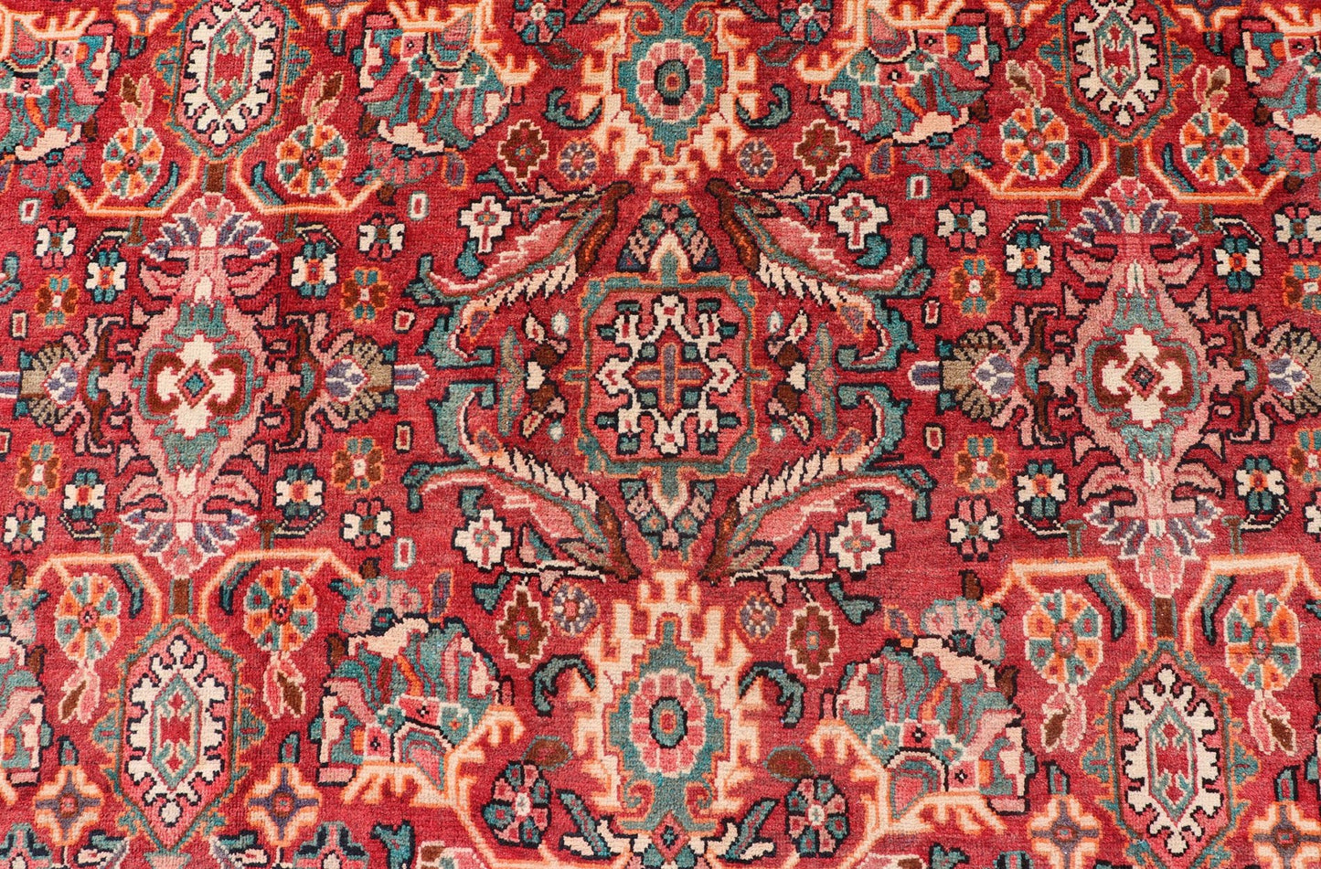 Antique Persian Mahal - Sultanabad Rug with Sub - Geometric Design in Multicolor This Antique Persian Mahal/Sultanabad rug features a symmetrical all - over sub - geometric floral design set upon a red background and is enclosed within a complementary... - Keivan Woven ArtsPTA - 200718 - 16648Rug