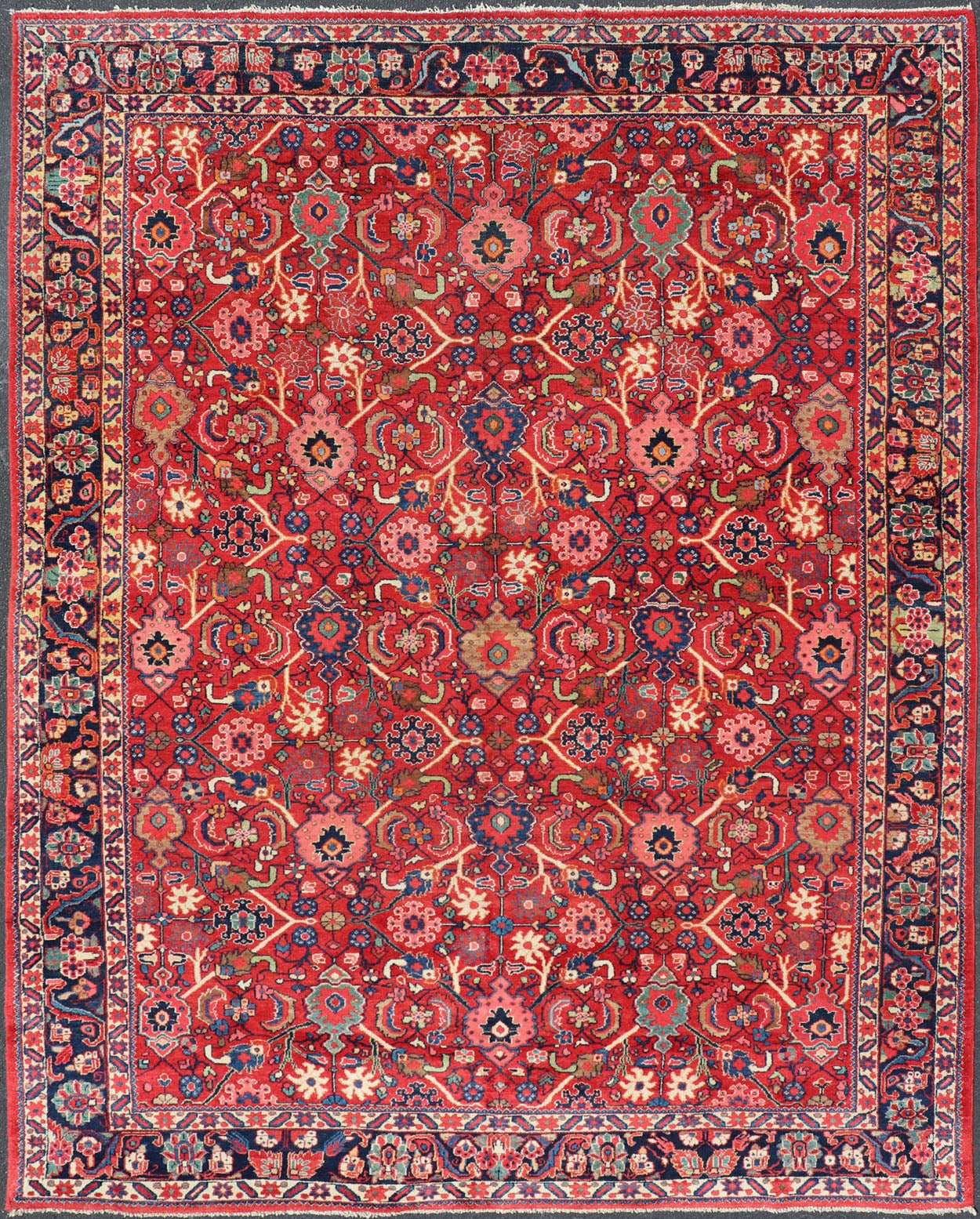 Antique Persian Mahal - Sultanabad With All - Over Sub - Geometric Design This Antique Persian Mahal - Sultanabad features a large symmetrical central diamond design; replete with floral and sub - geometric motifs rendered in multicolor, set upon a red ba... - Keivan Woven ArtsPTA - 200721 - 16660