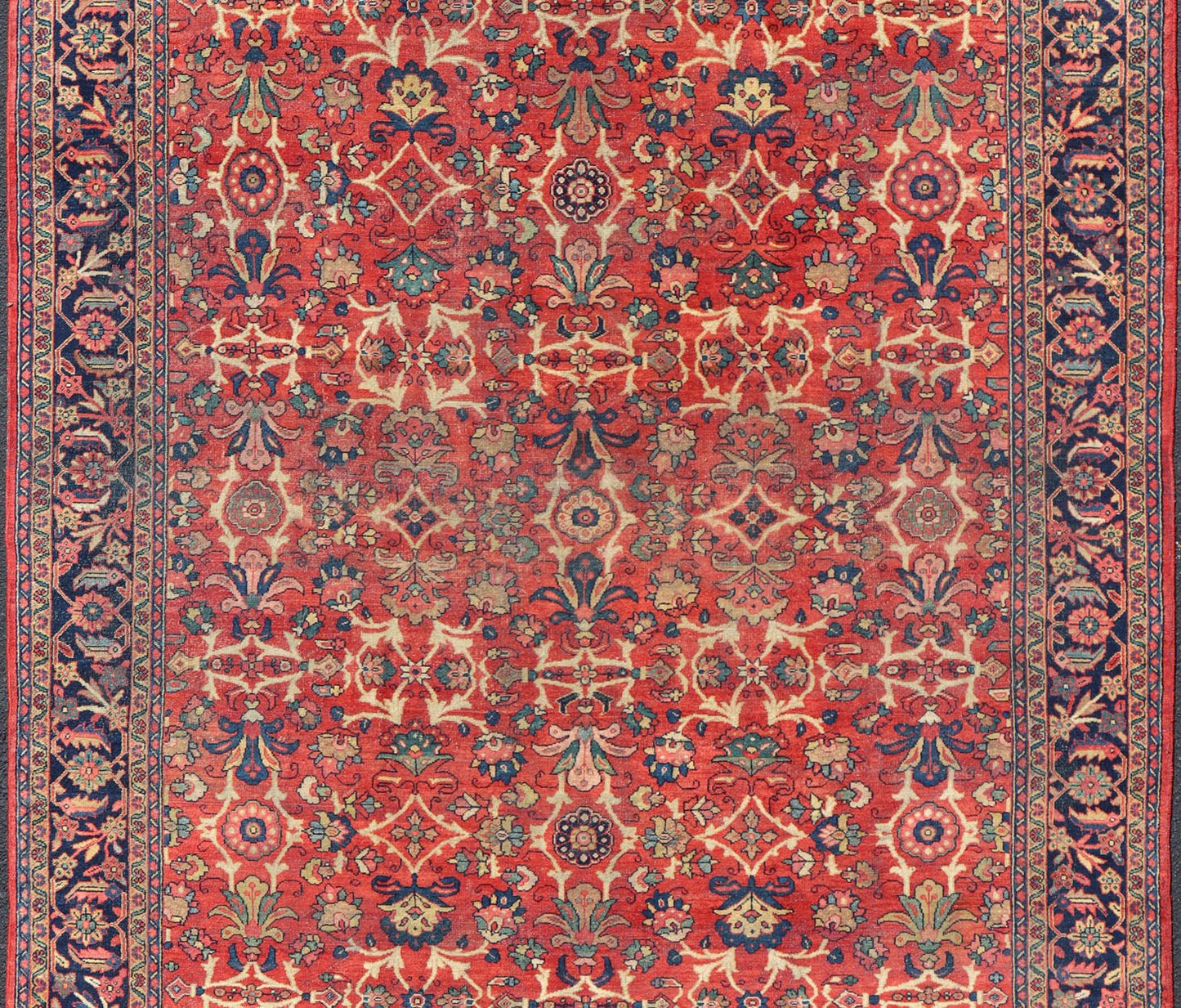 Antique Hand - Knotted Persian Mahal Rug with All - Over Design on Red Field This antique hand - knotted Persian Mahal rug features an all - over sub - geometric floral design set upon a on red field. The entirety of this piece is enclosed within a compl... - Keivan Woven ArtsPTA - 200723 - 16672