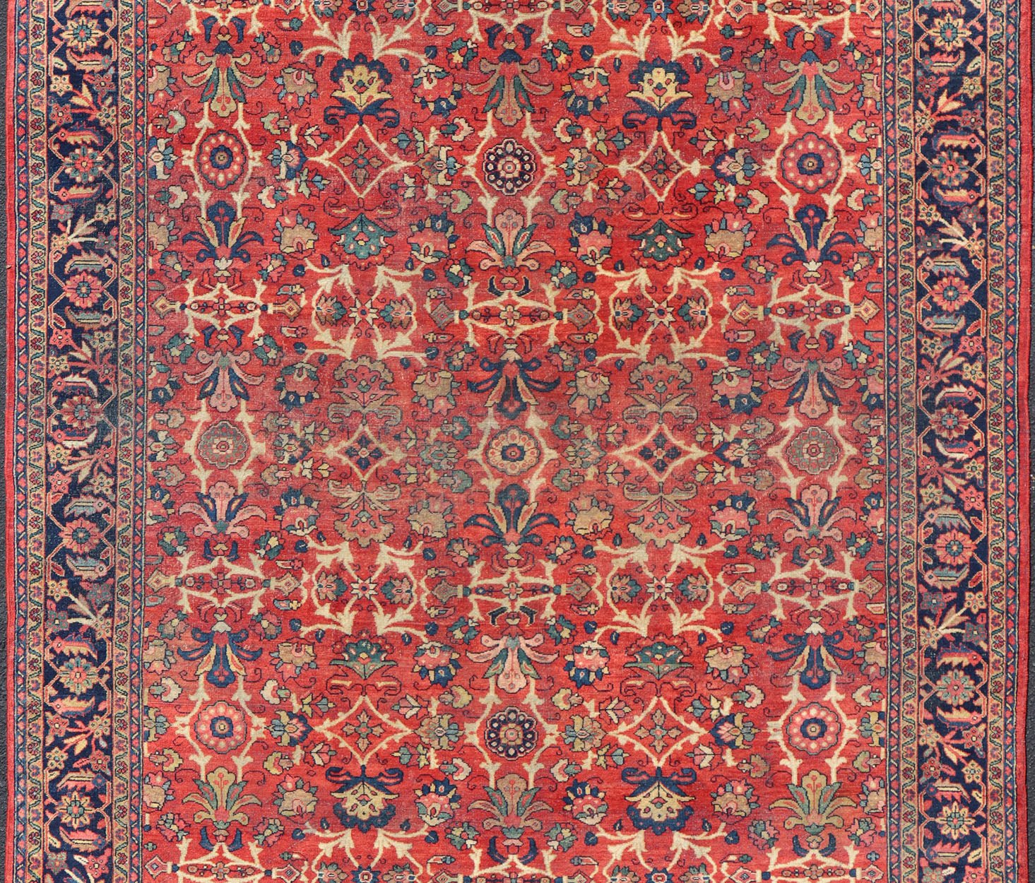 Antique Hand - Knotted Persian Mahal Rug with All - Over Design on Red Field This antique hand - knotted Persian Mahal rug features an all - over sub - geometric floral design set upon a on red field. The entirety of this piece is enclosed within a compl... - Keivan Woven ArtsPTA - 200723 - 16672