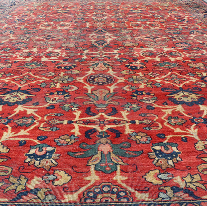 Antique Hand - Knotted Persian Mahal Rug with All - Over Design on Red Field This antique hand - knotted Persian Mahal rug features an all - over sub - geometric floral design set upon a on red field. The entirety of this piece is enclosed within a compl... - Keivan Woven ArtsPTA - 200723 - 16672