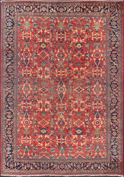 Antique Hand - Knotted Persian Mahal Rug with All - Over Design on Red Field This antique hand - knotted Persian Mahal rug features an all - over sub - geometric floral design set upon a on red field. The entirety of this piece is enclosed within a compl... - Keivan Woven ArtsPTA - 200723 - 16672