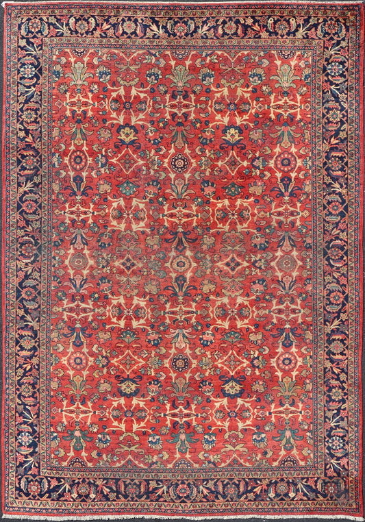 Antique Hand - Knotted Persian Mahal Rug with All - Over Design on Red Field This antique hand - knotted Persian Mahal rug features an all - over sub - geometric floral design set upon a on red field. The entirety of this piece is enclosed within a compl... - Keivan Woven ArtsPTA - 200723 - 16672
