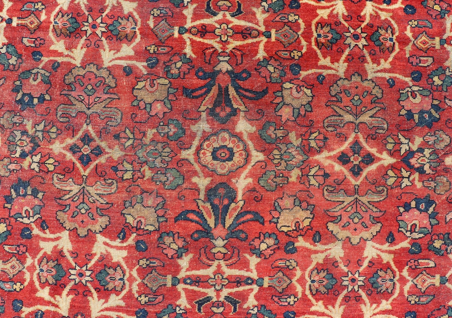 Antique Hand - Knotted Persian Mahal Rug with All - Over Design on Red Field This antique hand - knotted Persian Mahal rug features an all - over sub - geometric floral design set upon a on red field. The entirety of this piece is enclosed within a compl... - Keivan Woven ArtsPTA - 200723 - 16672