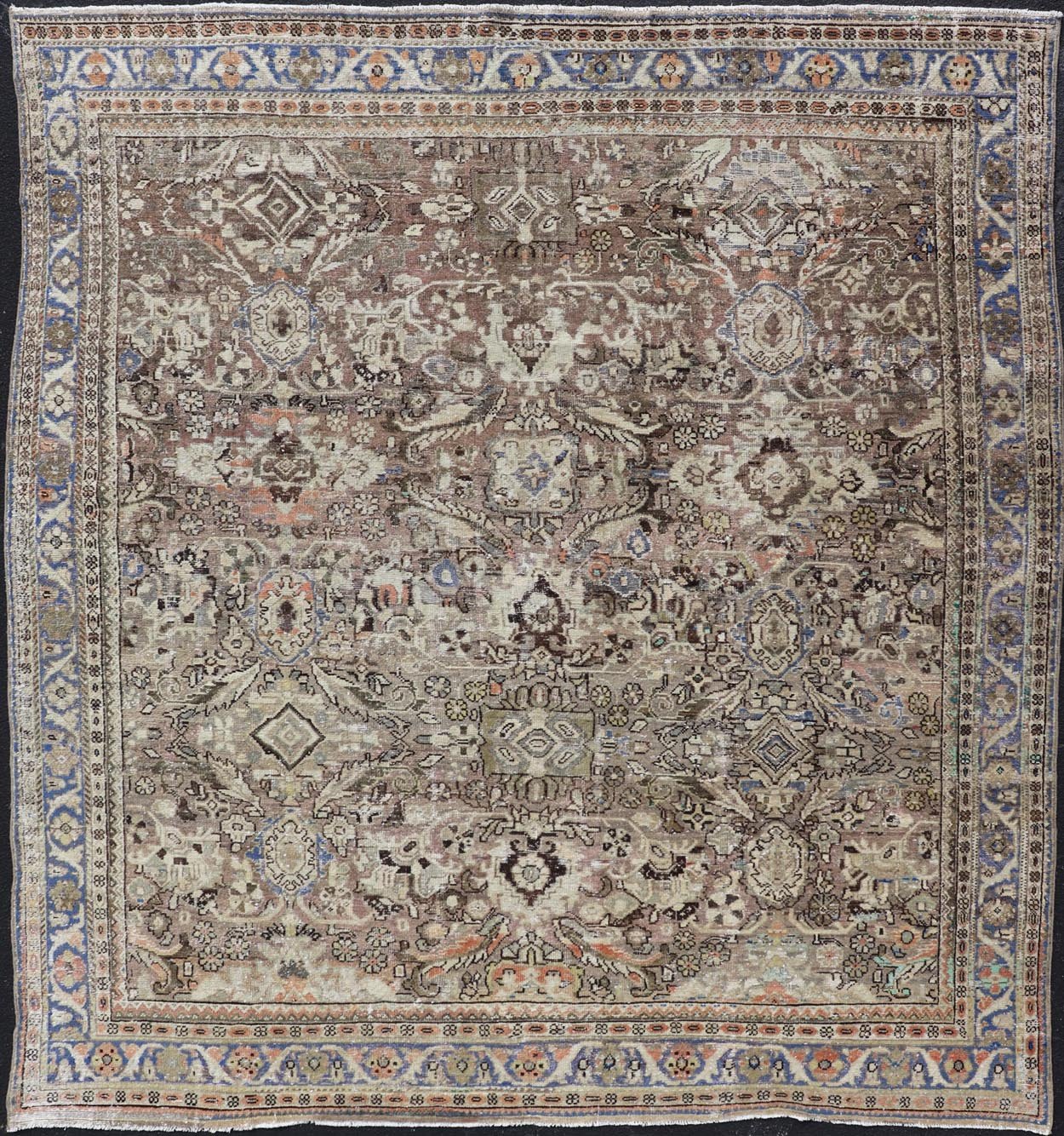 Square size antique distressed Persian Sultanabad - Mahal Rug with All - Over Sub - Geometric Design This distressed antique Persian Mahal displays geometric flowers and an all over design Keivan Woven Arts Rug/PTA - 200724, country of origin / type: P... - Keivan Woven ArtsPTA - 200724 - 16678Rug