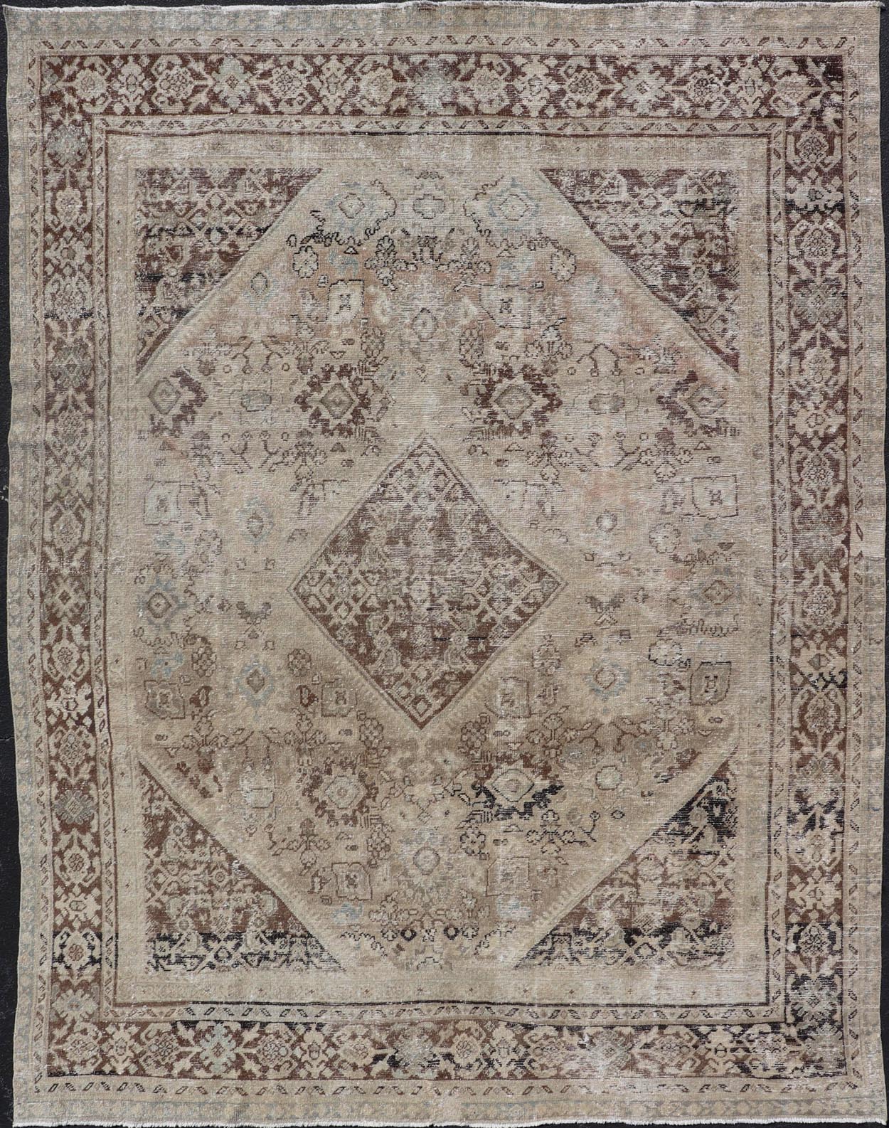 Antique Persian Sultanabad - Mahal Rug with Sub - Geometric Design With Medallion Measures: 9'10 x 13'8 This antique Persian rug features an all - neutral palette of creams, taupe, and cocoas. The field homes a floral medallion and diamond c... - Keivan Woven ArtsPTA - 200725 - 16684