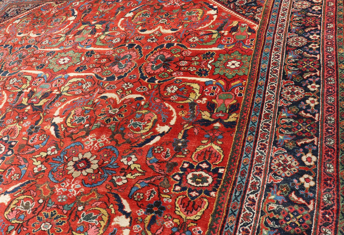 Large Antique Persian Mahal - Sultanabad Rug with Central Diamond Floral Design This Antique Persian Mahal - Sultanabad features a large central diamond design, replete with floral and sub - geometric motifs rendered in multicolor, set upon a red bac... - Keivan Woven ArtsPTA - 200728 - 16925
