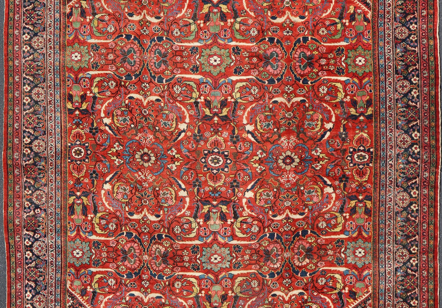 Large Antique Persian Mahal - Sultanabad Rug with Central Diamond Floral Design This Antique Persian Mahal - Sultanabad features a large central diamond design, replete with floral and sub - geometric motifs rendered in multicolor, set upon a red bac... - Keivan Woven ArtsPTA - 200728 - 16925