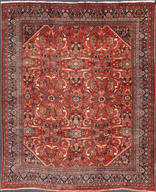 Large Antique Persian Mahal - Sultanabad Rug with Central Diamond Floral Design This Antique Persian Mahal - Sultanabad features a large central diamond design, replete with floral and sub - geometric motifs rendered in multicolor, set upon a red bac... - Keivan Woven ArtsPTA - 200728 - 16925