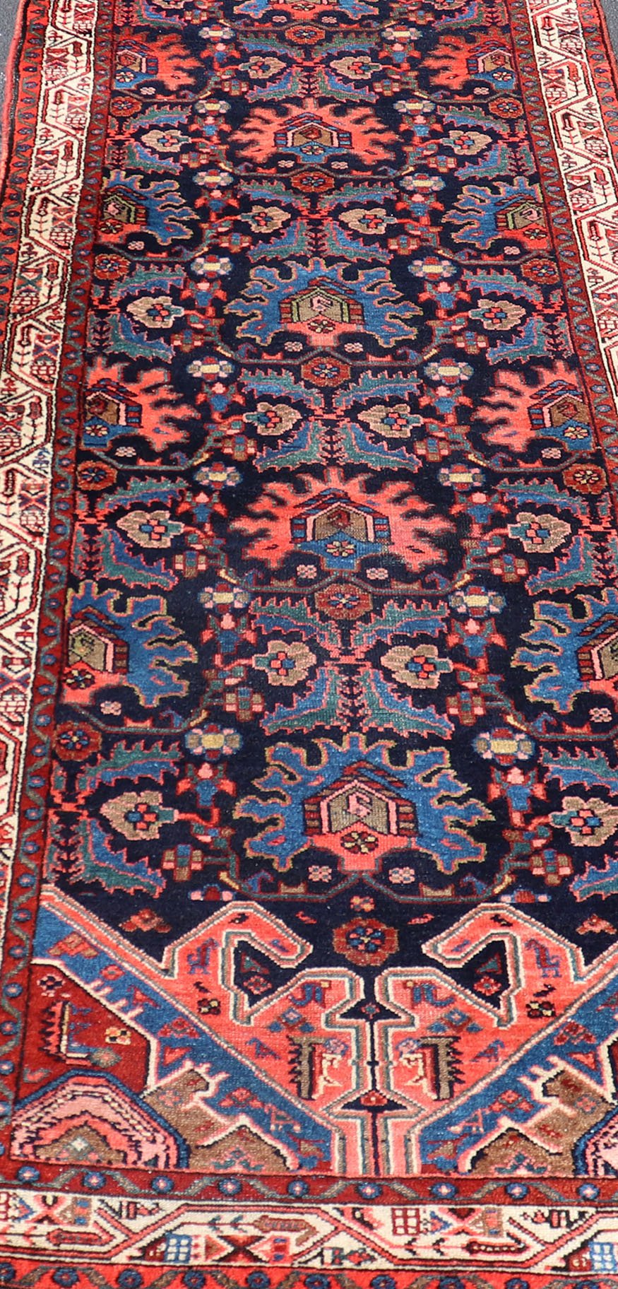 Antique Persian Malayer Runner in Blue Background with Multi Colors Measures: 3'5 x 16'4 This 1930's Persian Malayer runner features vivid shades of navy, blue, red - orange, green and small accents in camel, pink, and ivory. The field ... - Keivan Woven ArtsPTA - 200730 - 16931