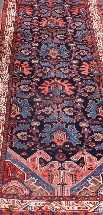 Antique Persian Malayer Runner in Blue Background with Multi Colors Measures: 3'5 x 16'4 This 1930's Persian Malayer runner features vivid shades of navy, blue, red - orange, green and small accents in camel, pink, and ivory. The field ... - Keivan Woven ArtsPTA - 200730 - 16931