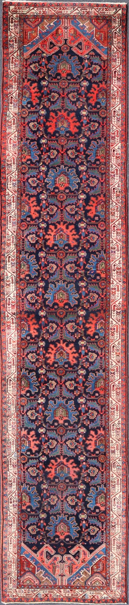 Antique Persian Malayer Runner in Blue Background with Multi Colors Measures: 3'5 x 16'4 This 1930's Persian Malayer runner features vivid shades of navy, blue, red - orange, green and small accents in camel, pink, and ivory. The field ... - Keivan Woven ArtsPTA - 200730 - 16931