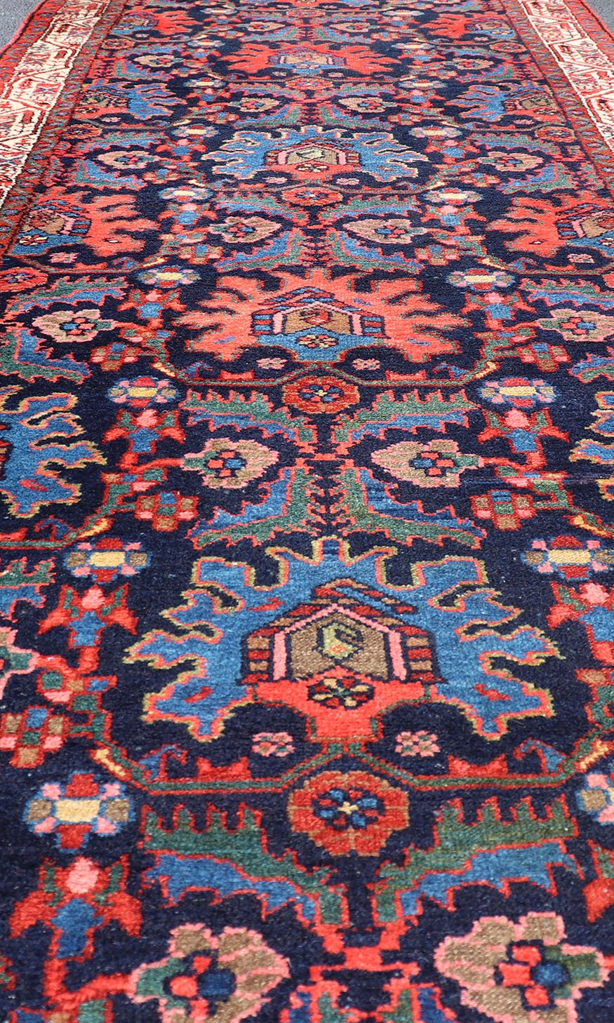 Antique Persian Malayer Runner in Blue Background with Multi Colors Measures: 3'5 x 16'4 This 1930's Persian Malayer runner features vivid shades of navy, blue, red - orange, green and small accents in camel, pink, and ivory. The field ... - Keivan Woven ArtsPTA - 200730 - 16931