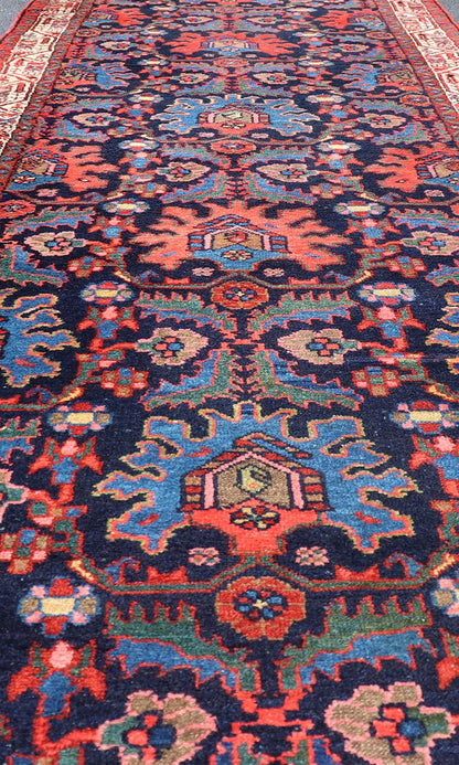 Antique Persian Malayer Runner in Blue Background with Multi Colors Measures: 3'5 x 16'4 This 1930's Persian Malayer runner features vivid shades of navy, blue, red - orange, green and small accents in camel, pink, and ivory. The field ... - Keivan Woven ArtsPTA - 200730 - 16931