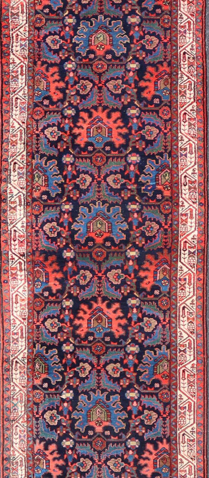 Antique Persian Malayer Runner in Blue Background with Multi Colors Measures: 3'5 x 16'4 This 1930's Persian Malayer runner features vivid shades of navy, blue, red - orange, green and small accents in camel, pink, and ivory. The field ... - Keivan Woven ArtsPTA - 200730 - 16931