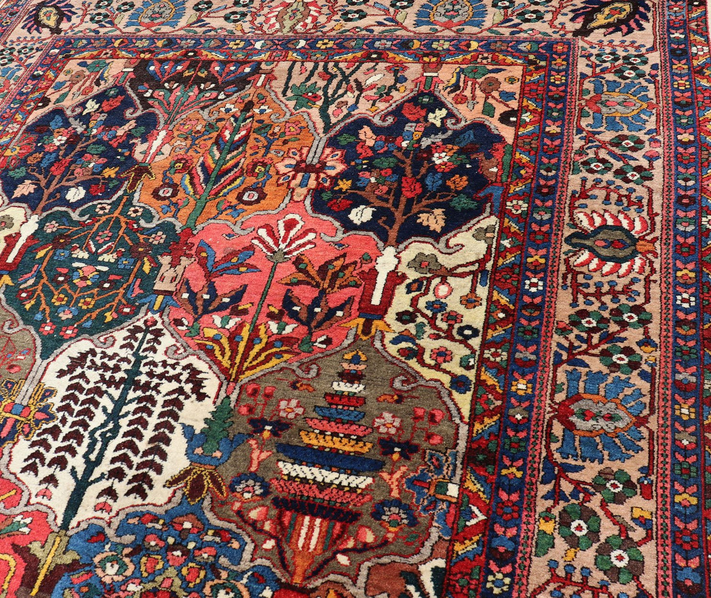Antique Persian Bakhtiari Rug with Diamond Garden Design in Multicolor This magnificent Antique Bakhtiari Rug features an all - over diamond garden design replete in with a large variety of bold colors. The central design is enclosed within a co... - Keivan Woven ArtsPTA - 200731 - 16943
