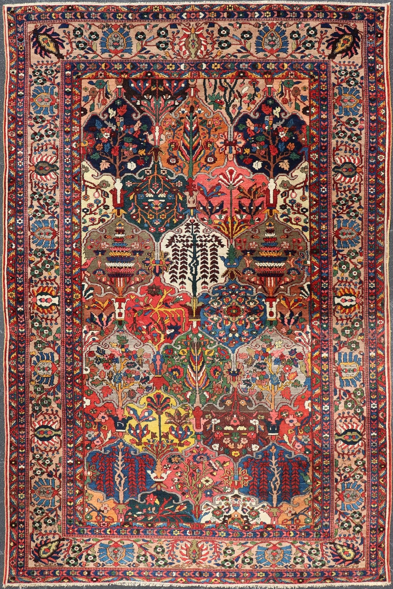 Antique Persian Bakhtiari Rug with Diamond Garden Design in Multicolor This magnificent Antique Bakhtiari Rug features an all - over diamond garden design replete in with a large variety of bold colors. The central design is enclosed within a co... - Keivan Woven ArtsPTA - 200731 - 16943Rug