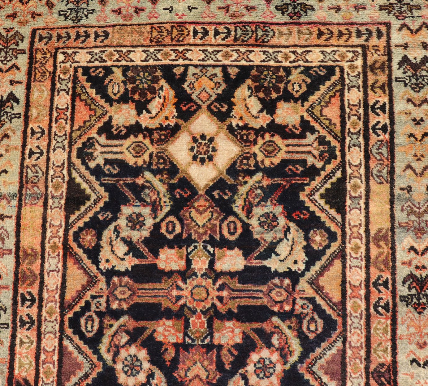 Antique Persian Hand Knotted Mahal Runner In Dark Background and Light Border Antique Persian Mahal Rug in Black Background and light Border, PTA - 200733, 1920's Antique Mahal Rug. Measures: 3'7 x 9'6 - Keivan Woven ArtsPTA - 200733 - 16949