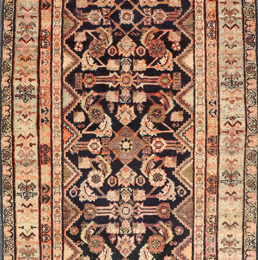 Antique Persian Hand Knotted Mahal Runner In Dark Background and Light Border Antique Persian Mahal Rug in Black Background and light Border, PTA - 200733, 1920's Antique Mahal Rug. Measures: 3'7 x 9'6 - Keivan Woven ArtsPTA - 200733 - 16949Rug