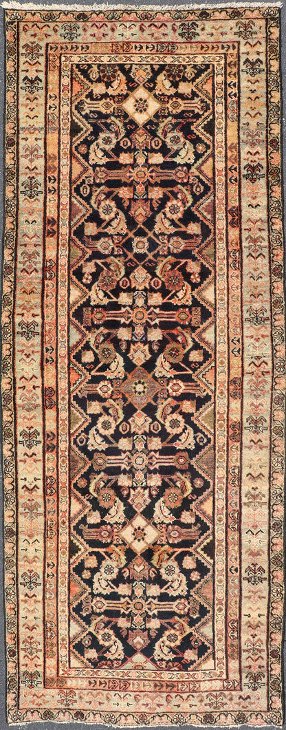 Antique Persian Hand Knotted Mahal Runner In Dark Background and Light Border Antique Persian Mahal Rug in Black Background and light Border, PTA - 200733, 1920's Antique Mahal Rug. Measures: 3'7 x 9'6 - Keivan Woven ArtsPTA - 200733 - 16949
