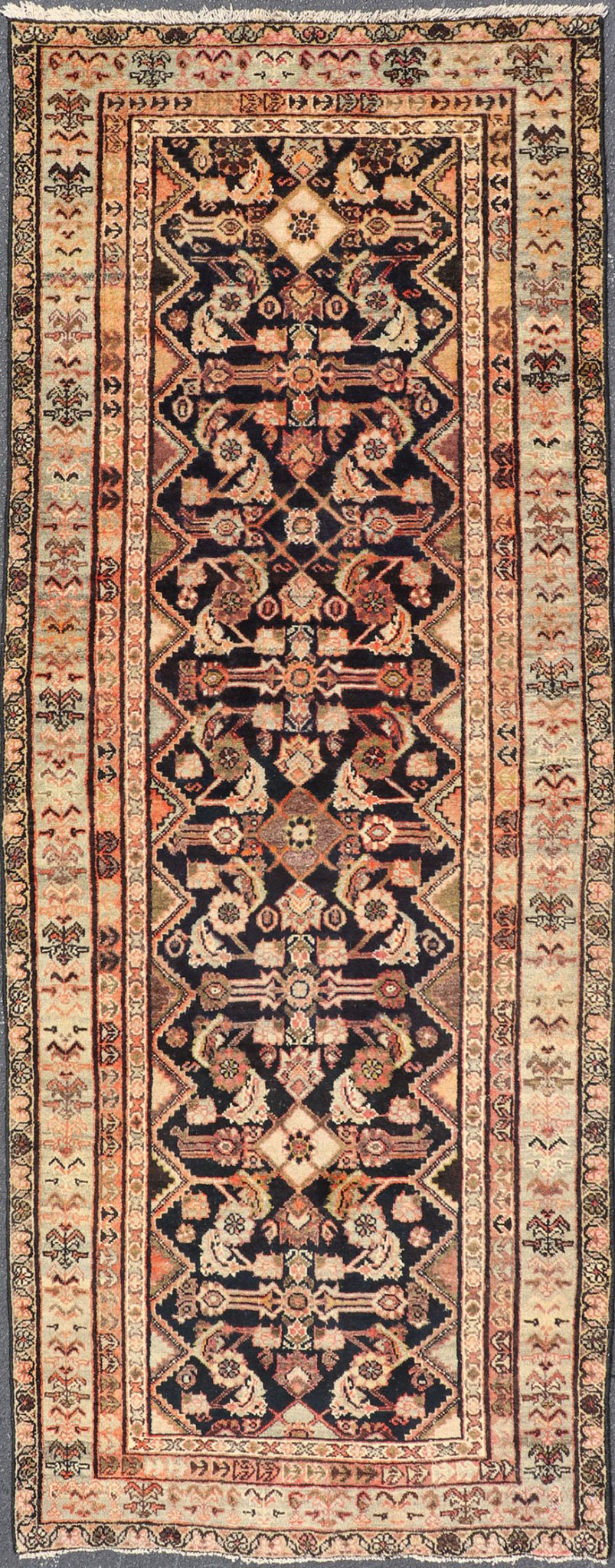 Antique Persian Hand Knotted Mahal Runner In Dark Background and Light Border Antique Persian Mahal Rug in Black Background and light Border, PTA - 200733, 1920's Antique Mahal Rug. Measures: 3'7 x 9'6 - Keivan Woven ArtsPTA - 200733 - 16949Rug