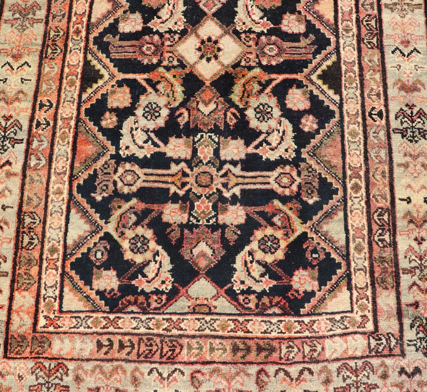 Antique Persian Hand Knotted Mahal Runner In Dark Background and Light Border Antique Persian Mahal Rug in Black Background and light Border, PTA - 200733, 1920's Antique Mahal Rug. Measures: 3'7 x 9'6 - Keivan Woven ArtsPTA - 200733 - 16949