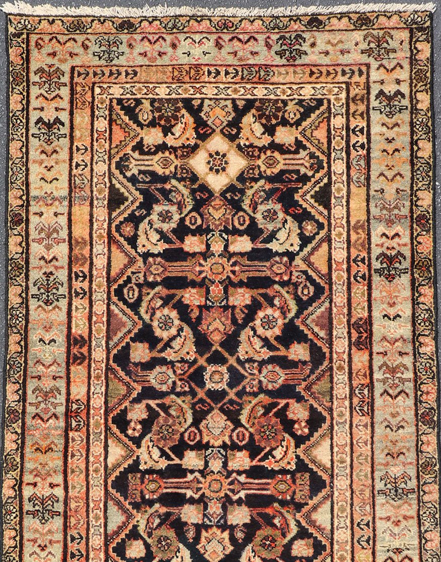 Antique Persian Hand Knotted Mahal Runner In Dark Background and Light Border Antique Persian Mahal Rug in Black Background and light Border, PTA - 200733, 1920's Antique Mahal Rug. Measures: 3'7 x 9'6 - Keivan Woven ArtsPTA - 200733 - 16949