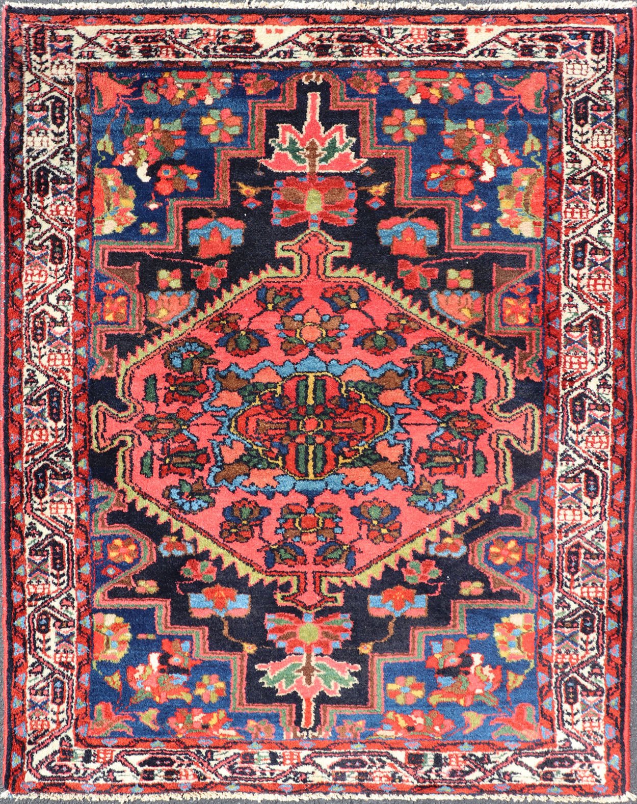 Antique Persian Hamadan Rug with Medallion and Geometric Design in Multicolor This Antique Hamadan rug hailing from Persia features a large central medallion, surrounded by sub - geometric motifs and enclosed within a complementary multi - tiered b... - Keivan Woven ArtsPTA - 200736 - 16961