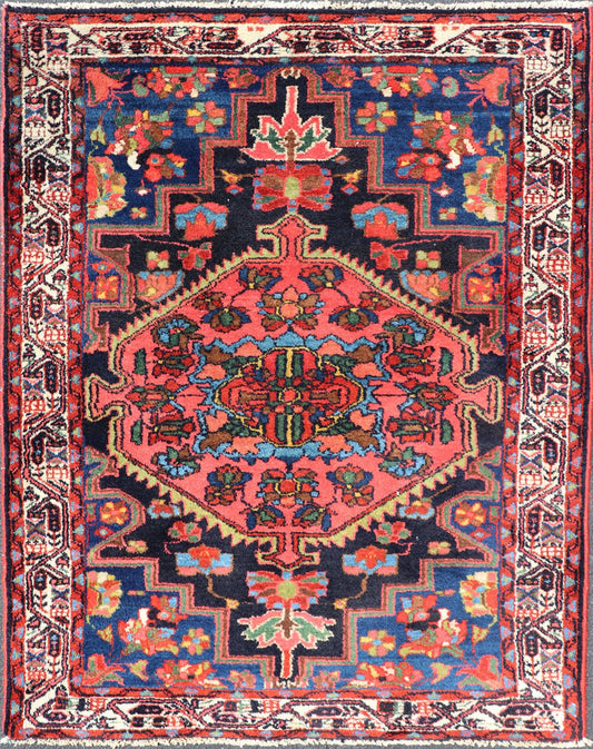Antique Persian Hamadan Rug with Medallion and Geometric Design in Multicolor This Antique Hamadan rug hailing from Persia features a large central medallion, surrounded by sub - geometric motifs and enclosed within a complementary multi - tiered b... - Keivan Woven ArtsPTA - 200736 - 16961