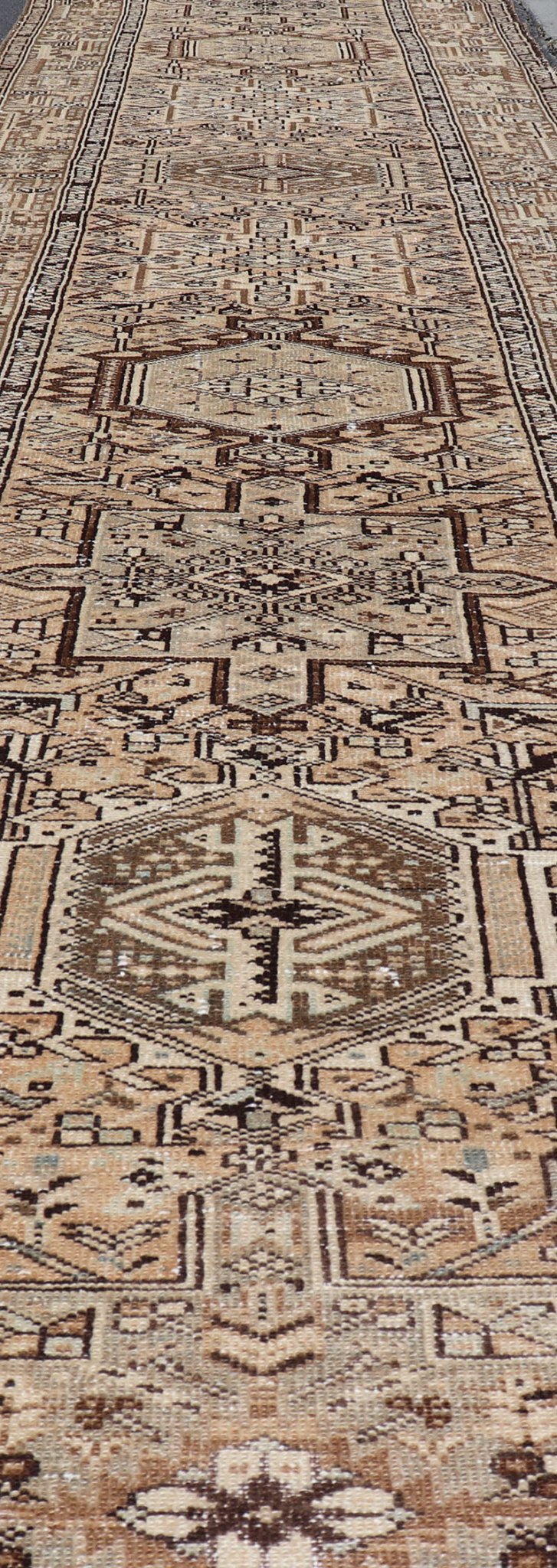 Vintage Persian Karadjeh Long Runner with Medallion Design in Natural Wool Tones This vintage 1940's Karadjeh features brown and sandy tones and majestic medallions within the field. The wide banded border holds a motif design that repea... - Keivan Woven ArtsPTA - 21001 - 18078Rug