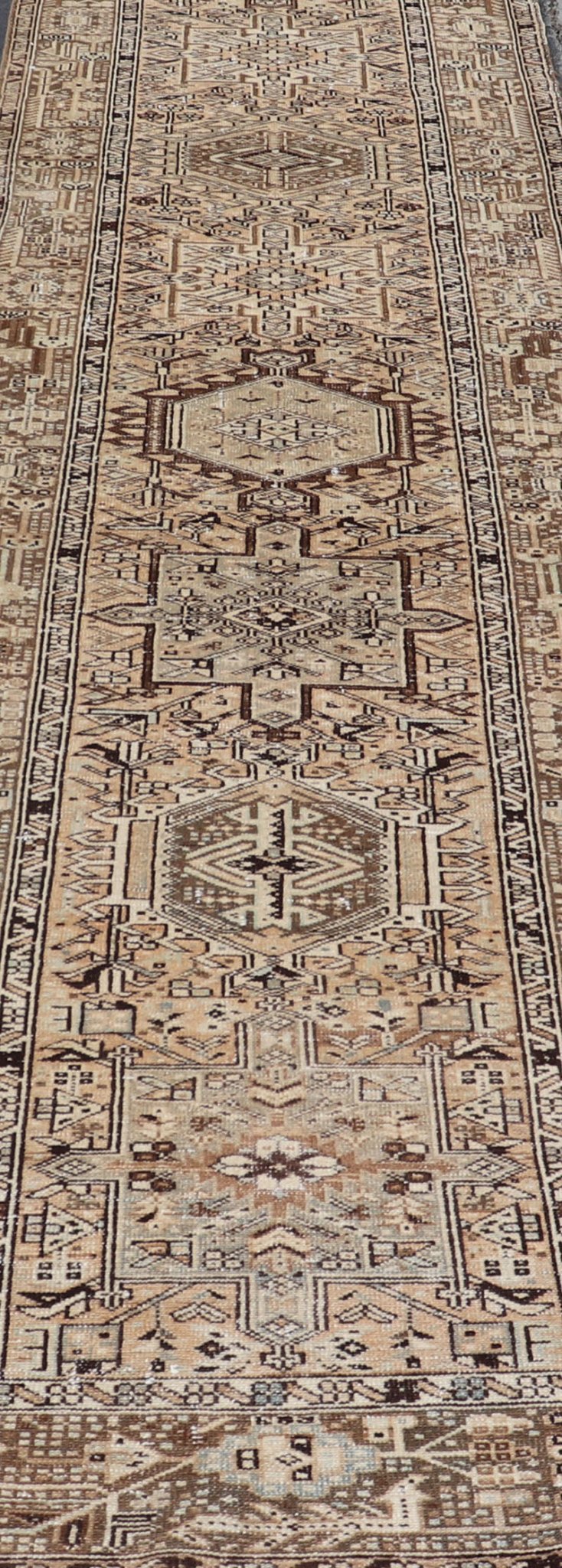 Vintage Persian Karadjeh Long Runner with Medallion Design in Natural Wool Tones This vintage 1940's Karadjeh features brown and sandy tones and majestic medallions within the field. The wide banded border holds a motif design that repea... - Keivan Woven ArtsPTA - 21001 - 18078Rug