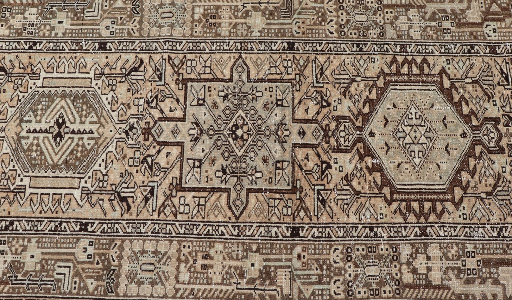 Vintage Persian Karadjeh Long Runner with Medallion Design in Natural Wool Tones This vintage 1940's Karadjeh features brown and sandy tones and majestic medallions within the field. The wide banded border holds a motif design that repea... - Keivan Woven ArtsPTA - 21001 - 18078Rug