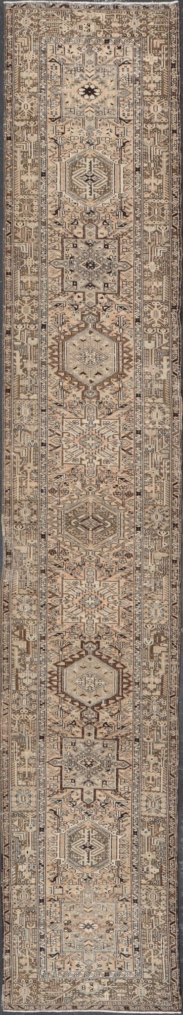 Vintage Persian Karadjeh Long Runner with Medallion Design in Natural Wool Tones This vintage 1940's Karadjeh features brown and sandy tones and majestic medallions within the field. The wide banded border holds a motif design that repea... - Keivan Woven ArtsPTA - 21001 - 18078
