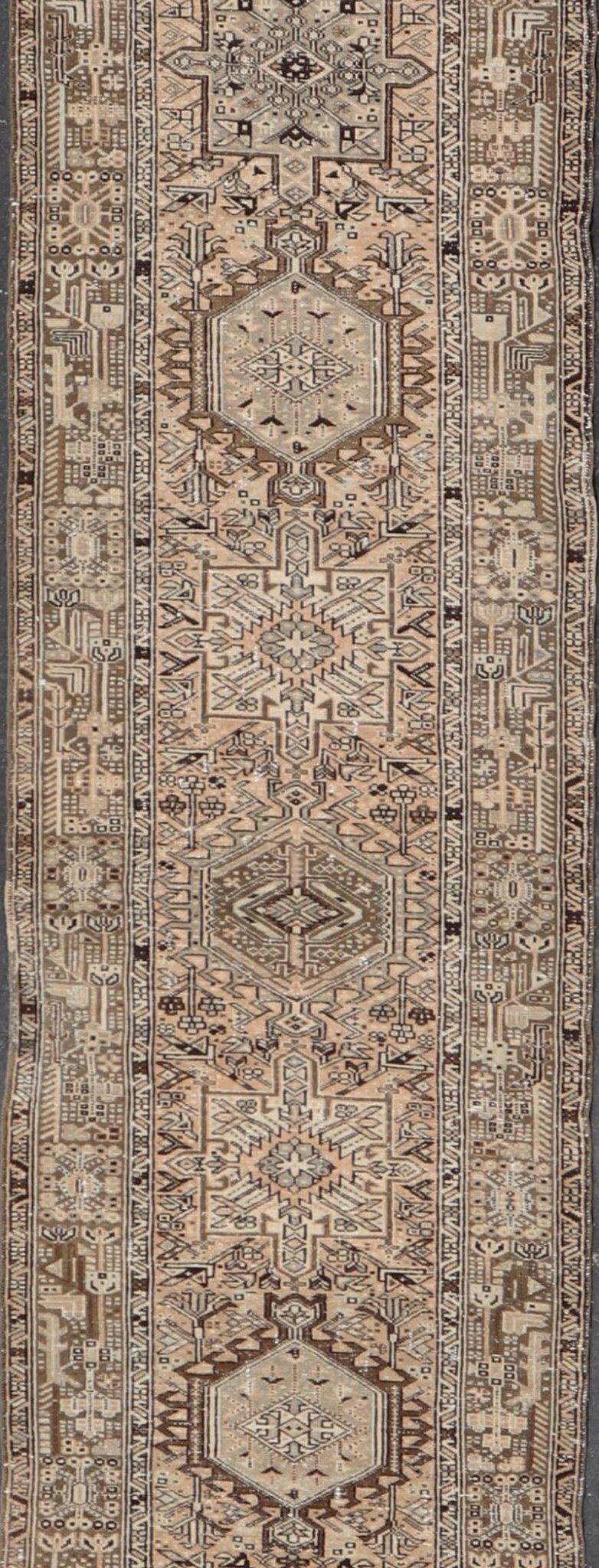 Vintage Persian Karadjeh Long Runner with Medallion Design in Natural Wool Tones This vintage 1940's Karadjeh features brown and sandy tones and majestic medallions within the field. The wide banded border holds a motif design that repea... - Keivan Woven ArtsPTA - 21001 - 18078