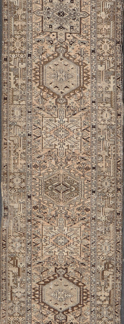 Vintage Persian Karadjeh Long Runner with Medallion Design in Natural Wool Tones This vintage 1940's Karadjeh features brown and sandy tones and majestic medallions within the field. The wide banded border holds a motif design that repea... - Keivan Woven ArtsPTA - 21001 - 18078Rug