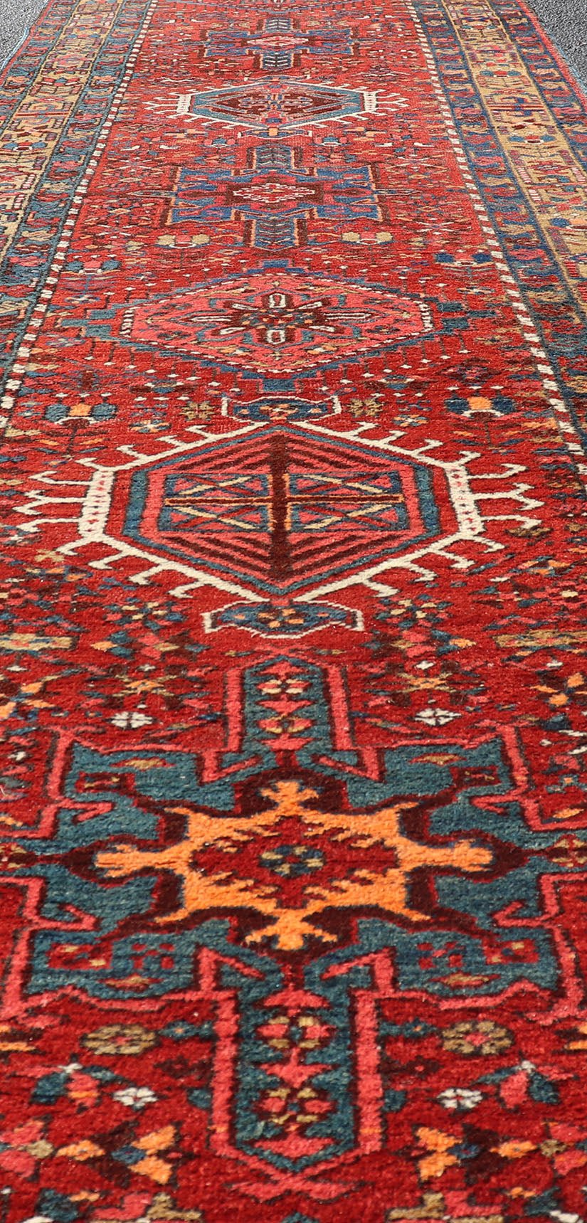 Antique Persian Heriz long Runner with Geometric medallions in Red, Teal, Orange, Blue, Yellow. Very Long antique Persian Heriz runner with geometric medallion design in red, blue and colorful tones, rug PTA - 21002 , country of origin / type: Ir... - Keivan Woven ArtsPTA - 21002 - 18006Rug