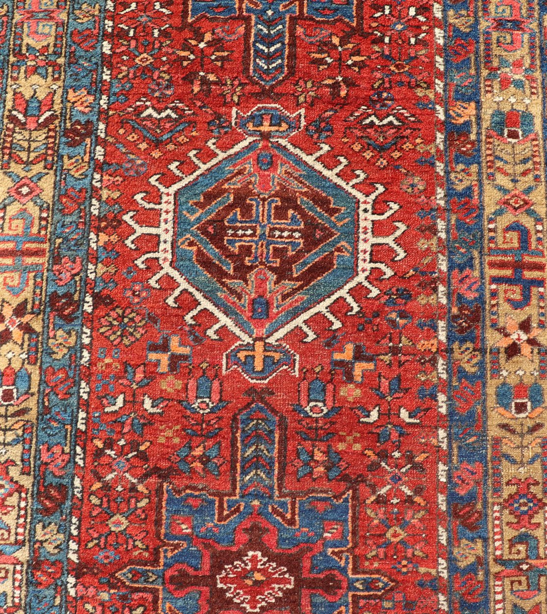 Antique Persian Heriz long Runner with Geometric medallions in Red, Teal, Orange, Blue, Yellow. Very Long antique Persian Heriz runner with geometric medallion design in red, blue and colorful tones, rug PTA - 21002 , country of origin / type: Ir... - Keivan Woven ArtsPTA - 21002 - 18006Rug