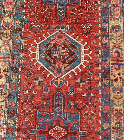 Antique Persian Heriz long Runner with Geometric medallions in Red, Teal, Orange, Blue, Yellow. Very Long antique Persian Heriz runner with geometric medallion design in red, blue and colorful tones, rug PTA - 21002 , country of origin / type: Ir... - Keivan Woven ArtsPTA - 21002 - 18006Rug