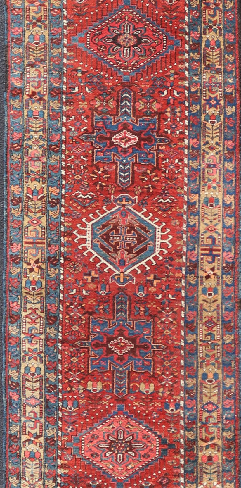 Antique Persian Heriz long Runner with Geometric medallions in Red, Teal, Orange, Blue, Yellow. Very Long antique Persian Heriz runner with geometric medallion design in red, blue and colorful tones, rug PTA - 21002 , country of origin / type: Ir... - Keivan Woven ArtsPTA - 21002 - 18006Rug