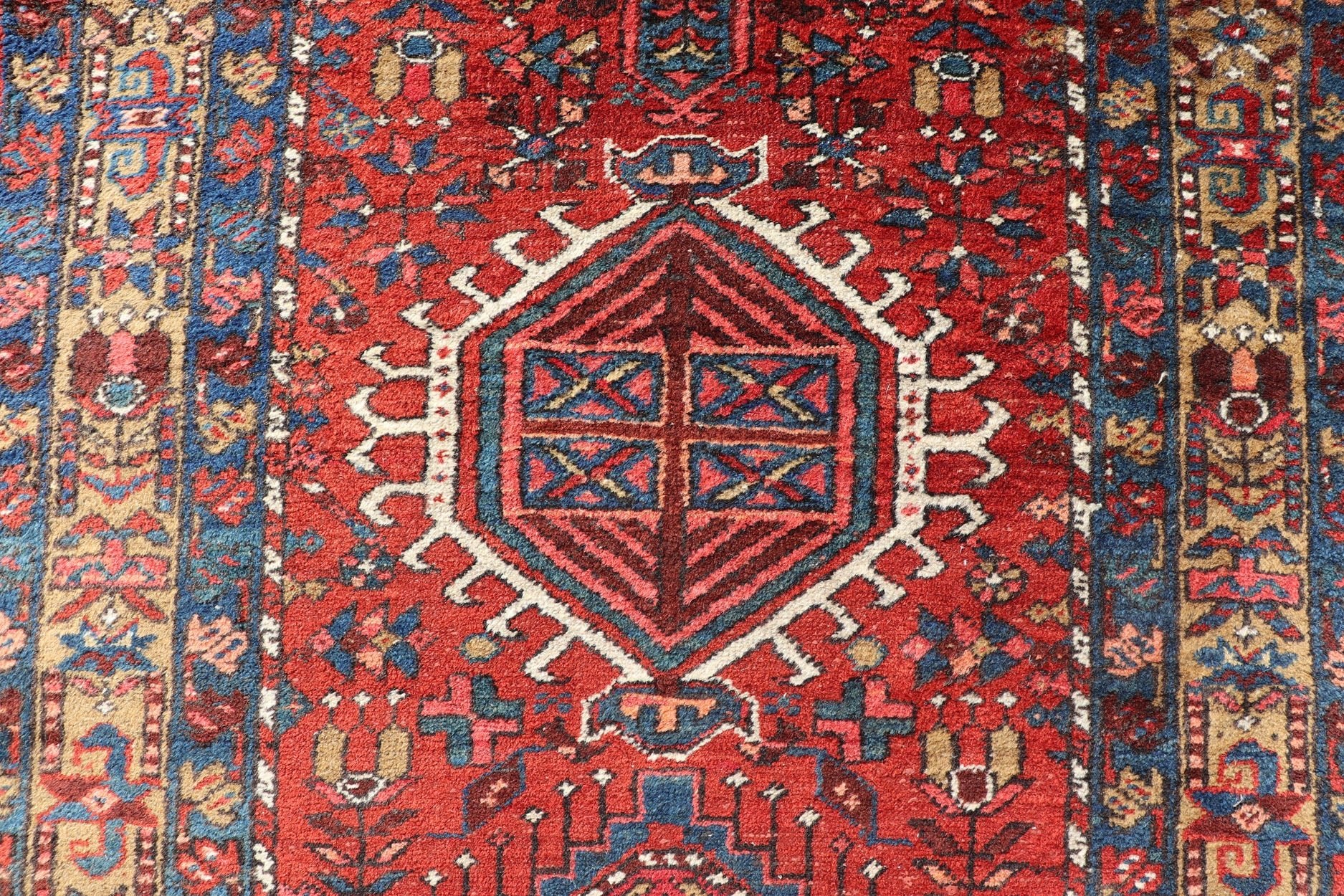 Antique Persian Heriz long Runner with Geometric medallions in Red, Teal, Orange, Blue, Yellow. Very Long antique Persian Heriz runner with geometric medallion design in red, blue and colorful tones, rug PTA - 21002 , country of origin / type: Ir... - Keivan Woven ArtsPTA - 21002 - 18006Rug