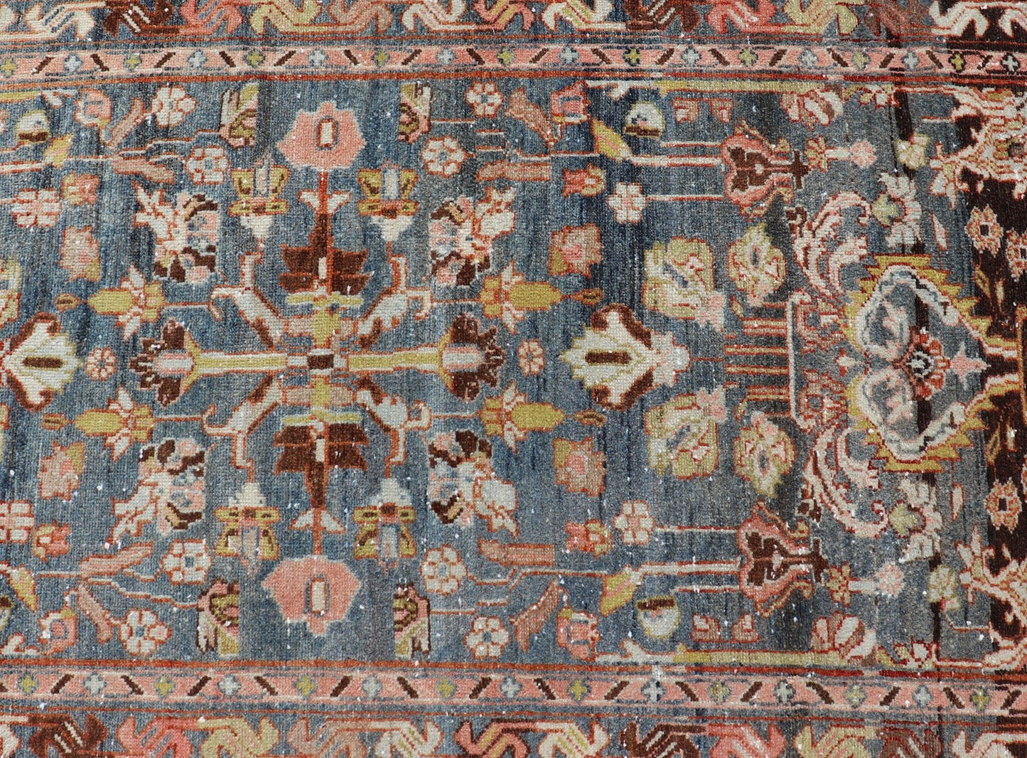 Antique Persian Malayer Runner All - Over Floral Design on A Blue Background This antique Persian Malayer runner is rendered in rich colors, from the blue background to the pink, coral, light yellow, brown, and light blue shown in the design... - Keivan Woven ArtsPTA - 21004 - 18084Rug